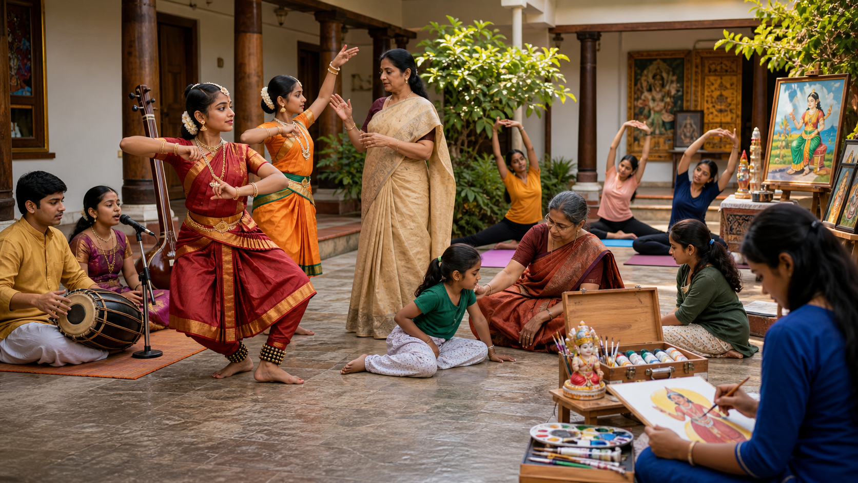 Students learning Bharatanatyam, music, yoga, and art activities in a South Indian cultural campus